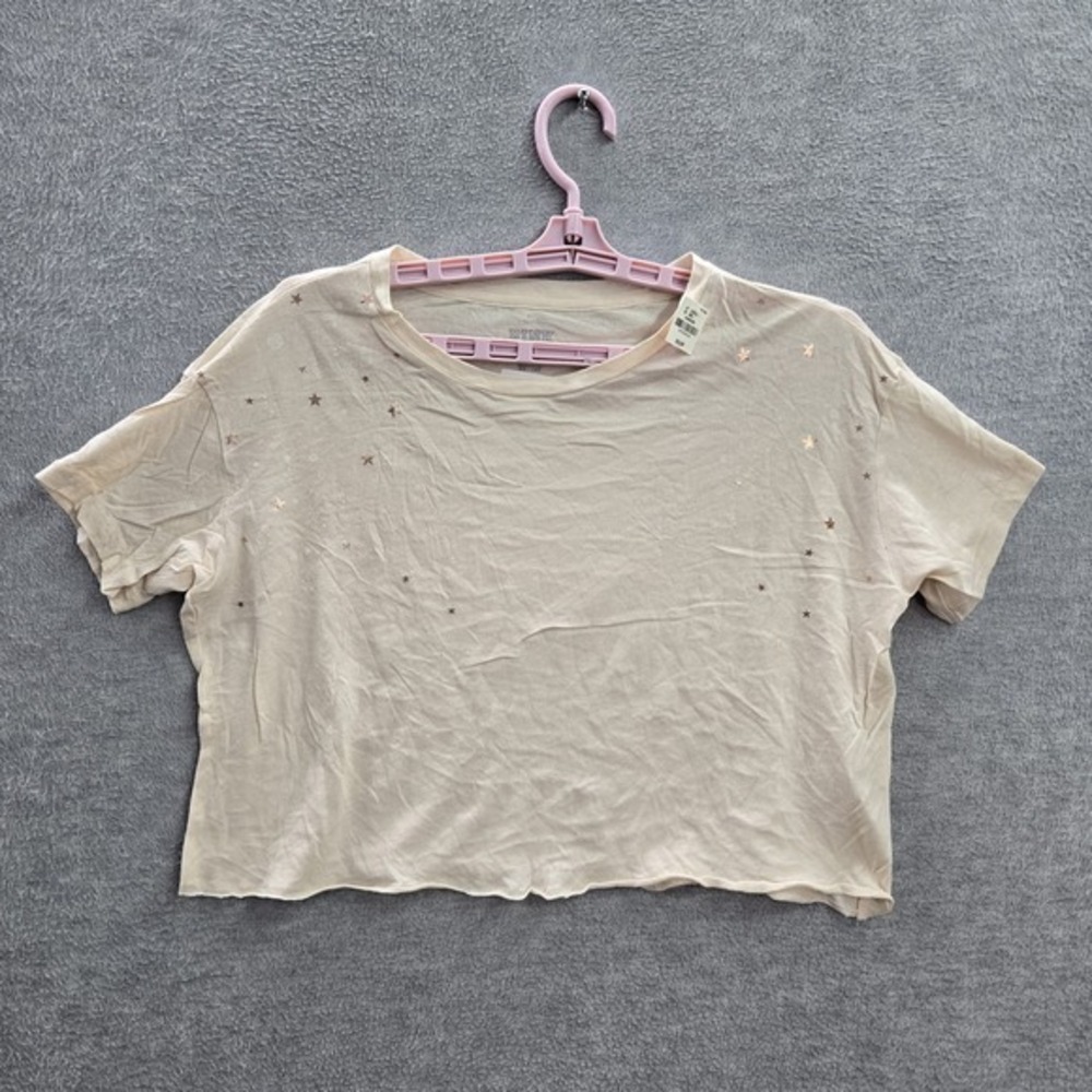 PINK Victoria's Secret Women Shirt XS Beige Cropped Stars Short Sleeve Tee NWT